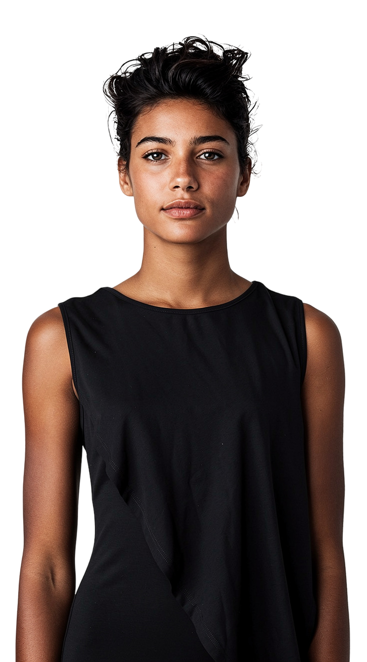 Black sleeveless asymmetrical dress with draped details